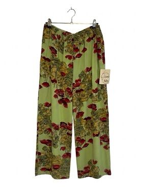 Tianello Light Green Floral Lounge Pants with Red Accents
